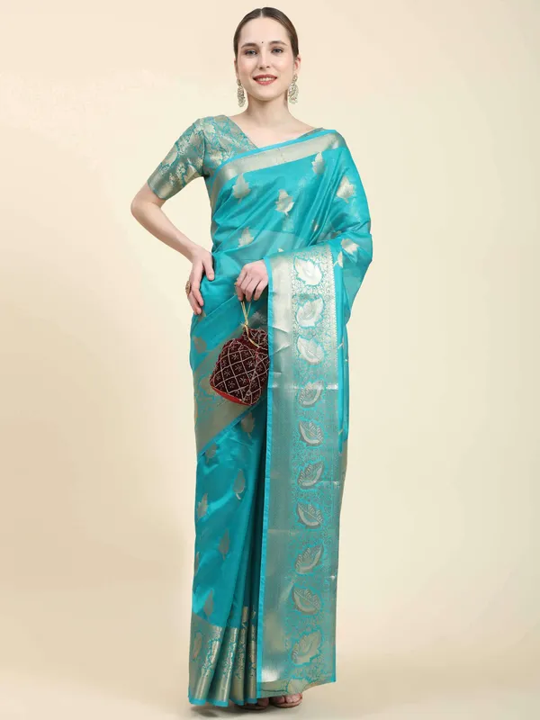 Sky_Blue_Organza_Silk_Fabric_With_Zari_Weaving_Rich_Pallu_And_Contrast_Meenakri_Weaving_Border_Saree