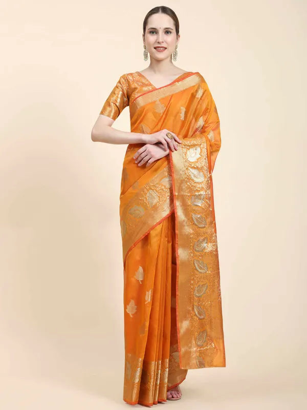 Orange_Organza_Silk_Fabric_With_Zari_Weaving_Rich_Pallu_And_Contrast_Meenakri_Weaving_Border_Saree