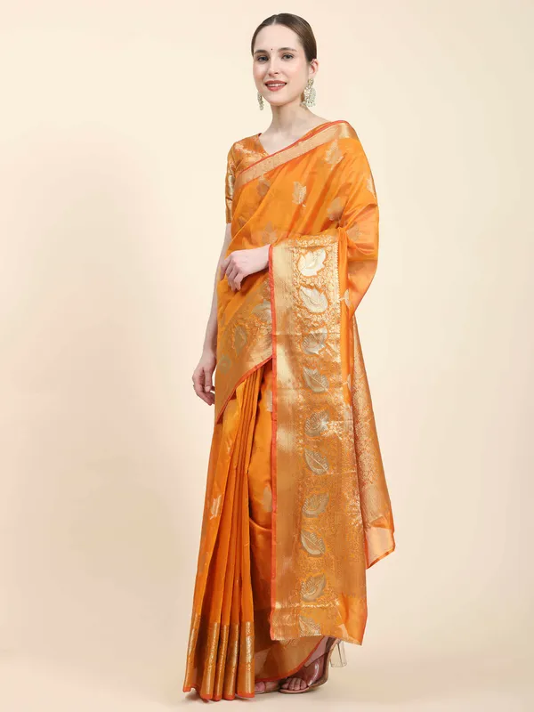 Orange_Organza_Silk_Fabric_With_Zari_Weaving_Rich_Pallu_And_Contrast_Meenakri_Weaving_Border_Saree