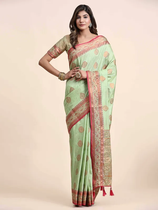 Pista_Katan_Silk_With_Zari_Weaving_Rich_Pallu_And_Contrast_Weaving_Small_Border_Saree
