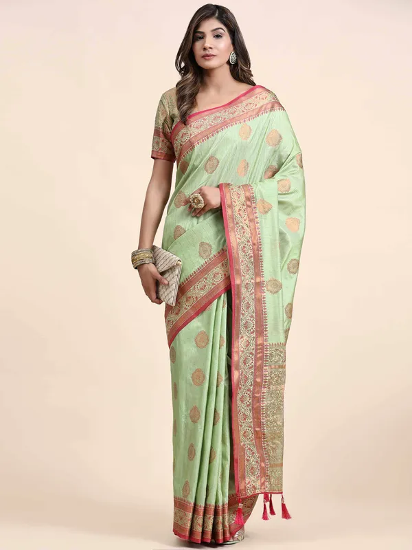 Pista_Katan_Silk_With_Zari_Weaving_Rich_Pallu_And_Contrast_Weaving_Small_Border_Saree