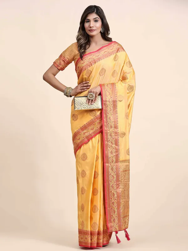 Yellow_Katan_Silk_With_Zari_Weaving_Rich_Pallu_And_Contrast_Weaving_Small_Border_Saree