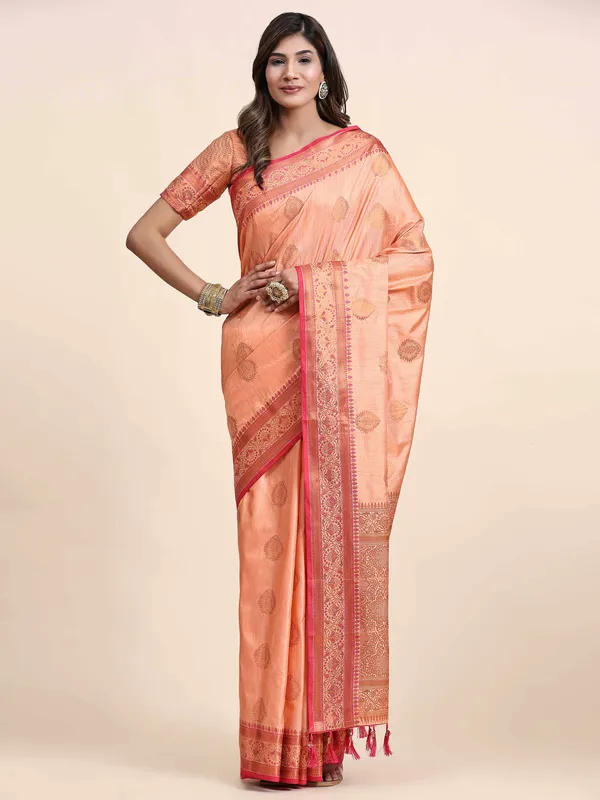 Peach_Katan_Silk_With_Zari_Weaving_Rich_Pallu_And_Contrast_Weaving_Small_Border_Saree