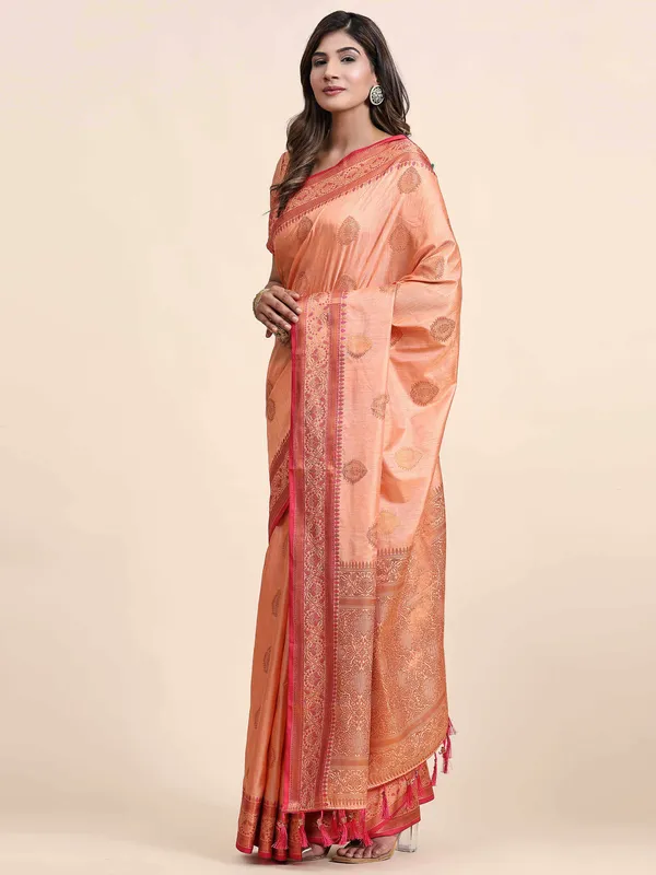 Peach_Katan_Silk_With_Zari_Weaving_Rich_Pallu_And_Contrast_Weaving_Small_Border_Saree