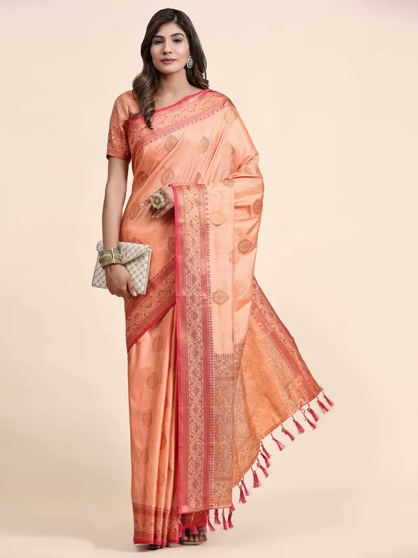 Peach_Katan_Silk_With_Zari_Weaving_Rich_Pallu_And_Contrast_Weaving_Small_Border_Saree