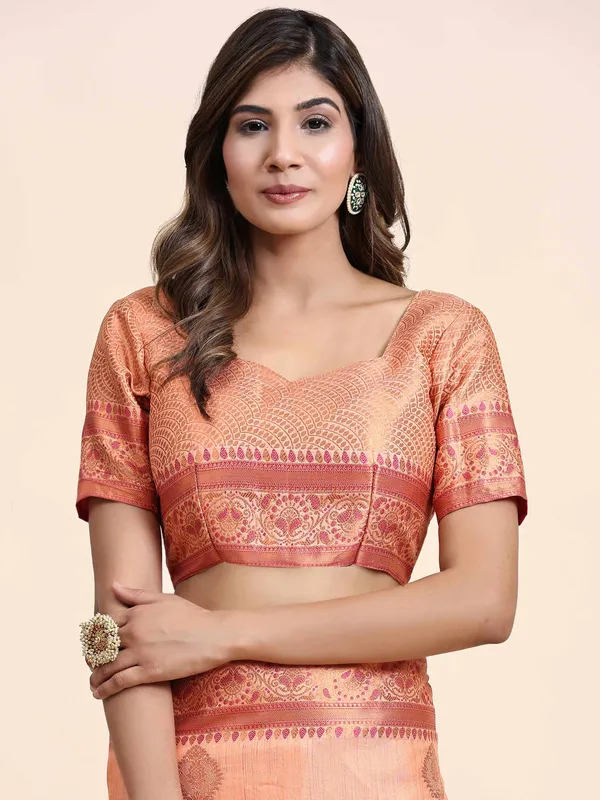 Peach_Katan_Silk_With_Zari_Weaving_Rich_Pallu_And_Contrast_Weaving_Small_Border_Saree