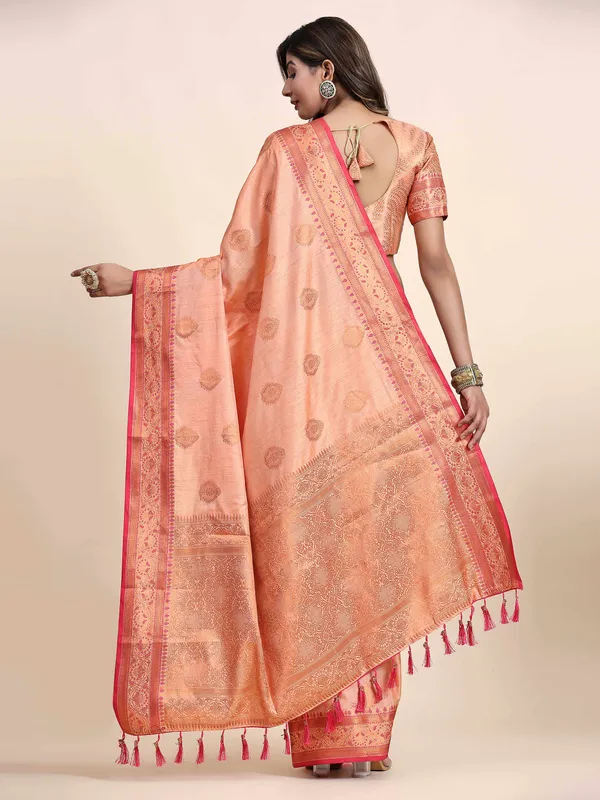 Peach_Katan_Silk_With_Zari_Weaving_Rich_Pallu_And_Contrast_Weaving_Small_Border_Saree