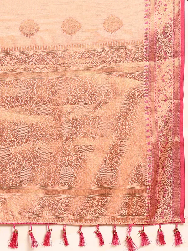 Peach_Katan_Silk_With_Zari_Weaving_Rich_Pallu_And_Contrast_Weaving_Small_Border_Saree