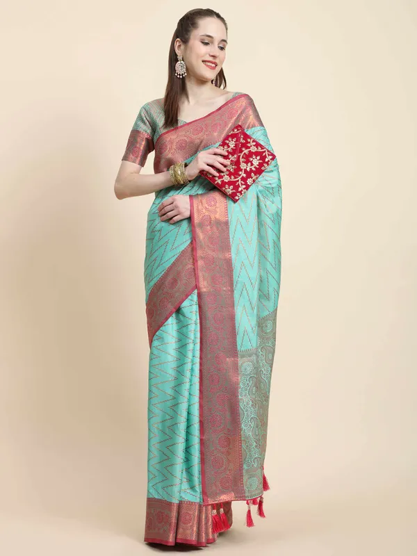Sky_Blue_Katan_Silk_With_Zari_Weaving_Rich_Pallu_And_Contrast_Weaving_Small_Border_Saree