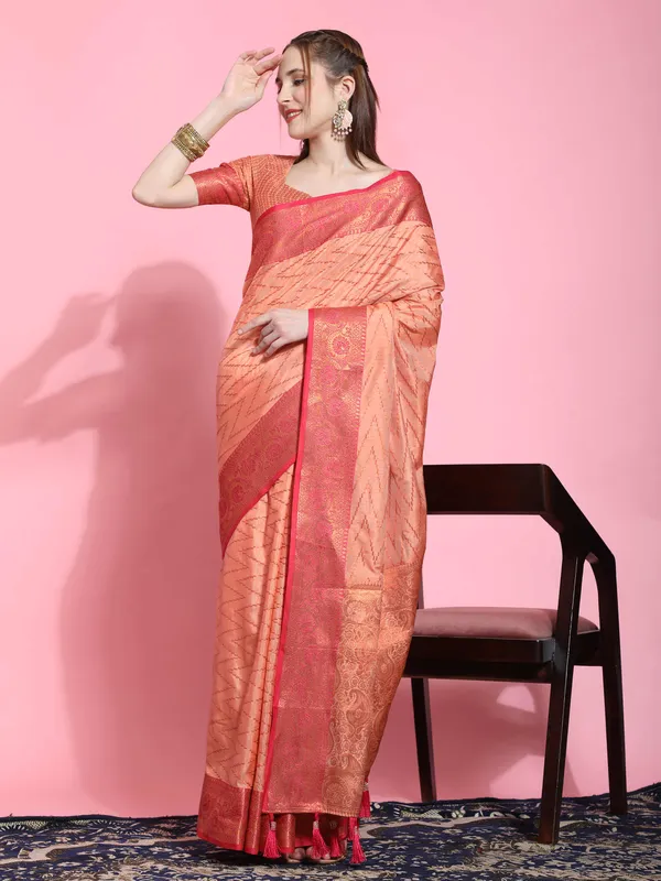 Peach_Katan_Silk_With_Zari_Weaving_Rich_Pallu_And_Contrast_Weaving_Small_Border_Saree