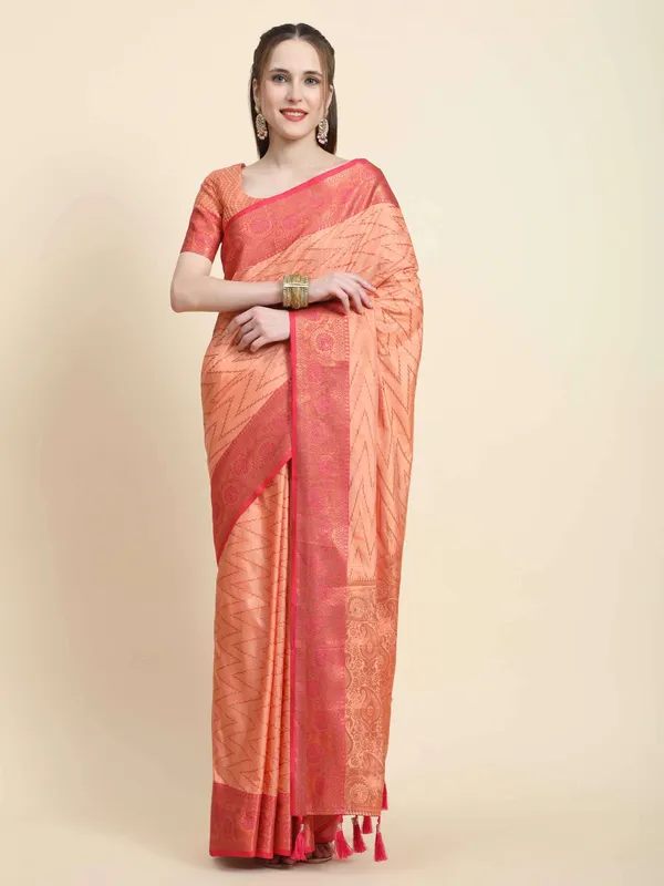 Peach_Katan_Silk_With_Zari_Weaving_Rich_Pallu_And_Contrast_Weaving_Small_Border_Saree