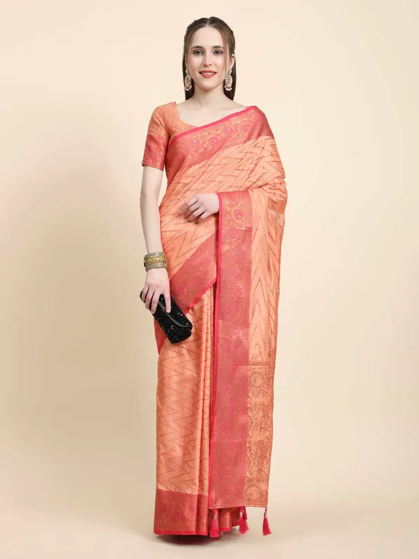 Peach_Katan_Silk_With_Zari_Weaving_Rich_Pallu_And_Contrast_Weaving_Small_Border_Saree