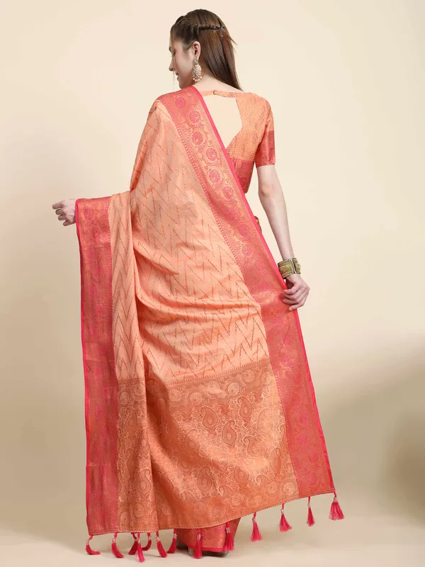 Peach_Katan_Silk_With_Zari_Weaving_Rich_Pallu_And_Contrast_Weaving_Small_Border_Saree