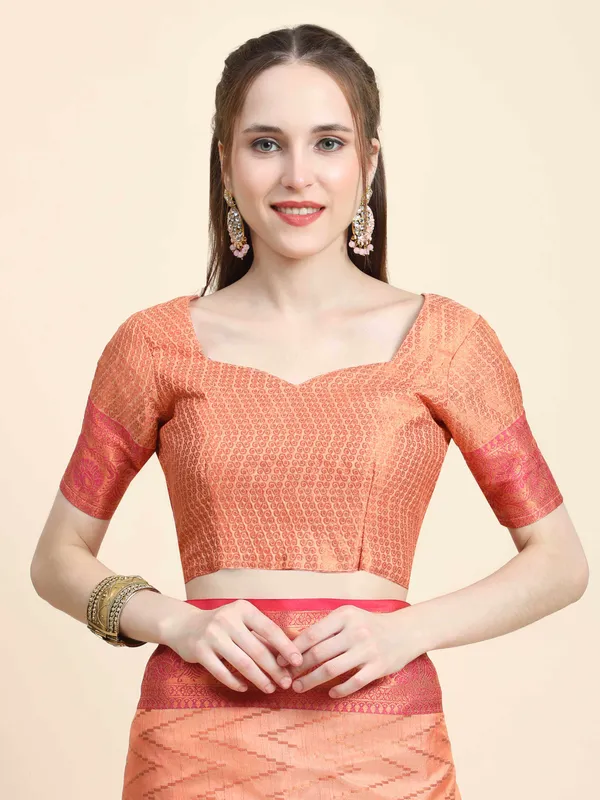 Peach_Katan_Silk_With_Zari_Weaving_Rich_Pallu_And_Contrast_Weaving_Small_Border_Saree