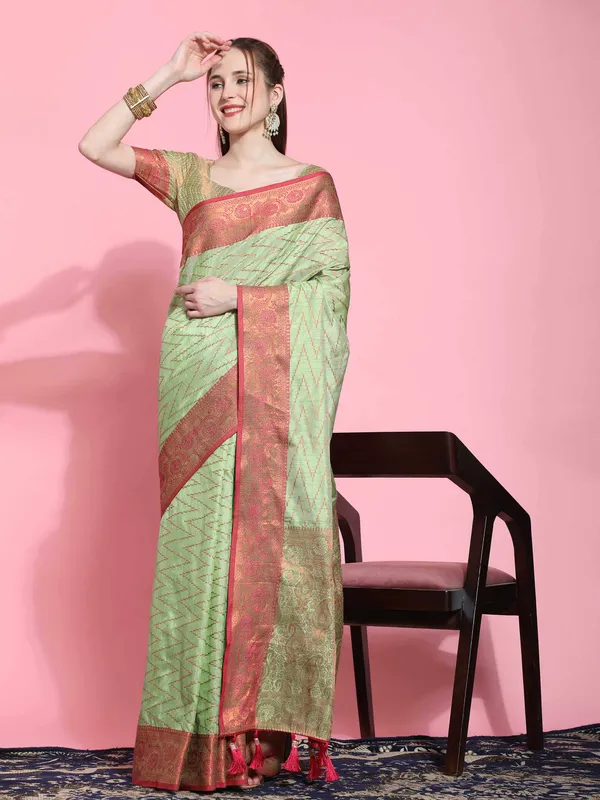 Pista_Katan_Silk_With_Zari_Weaving_Rich_Pallu_And_Contrast_Weaving_Small_Border_Saree
