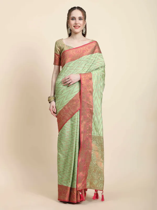 Pista_Katan_Silk_With_Zari_Weaving_Rich_Pallu_And_Contrast_Weaving_Small_Border_Saree