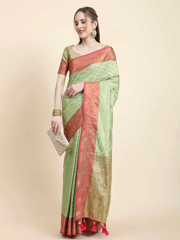 Pista_Katan_Silk_With_Zari_Weaving_Rich_Pallu_And_Contrast_Weaving_Small_Border_Saree