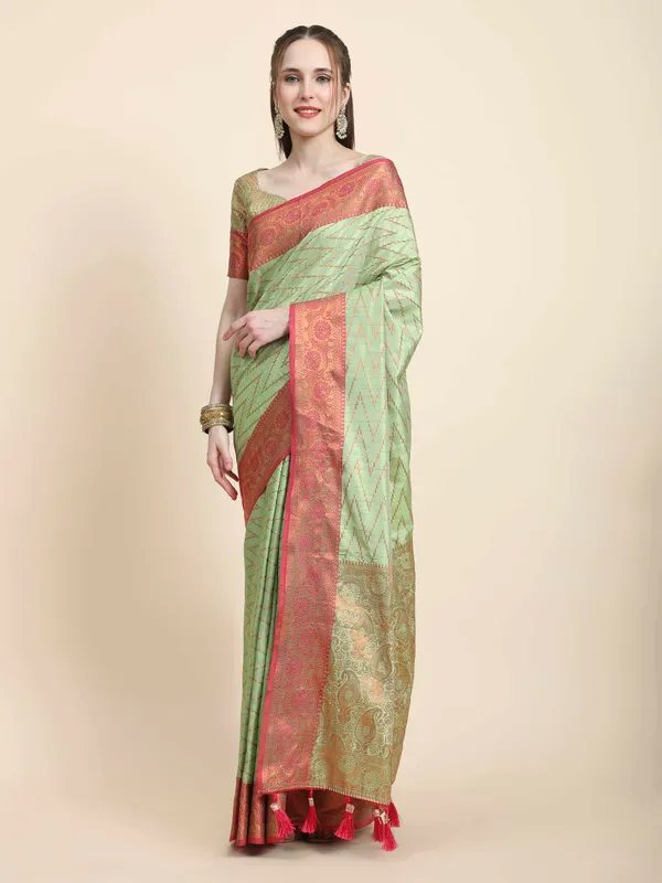 Pista_Katan_Silk_With_Zari_Weaving_Rich_Pallu_And_Contrast_Weaving_Small_Border_Saree