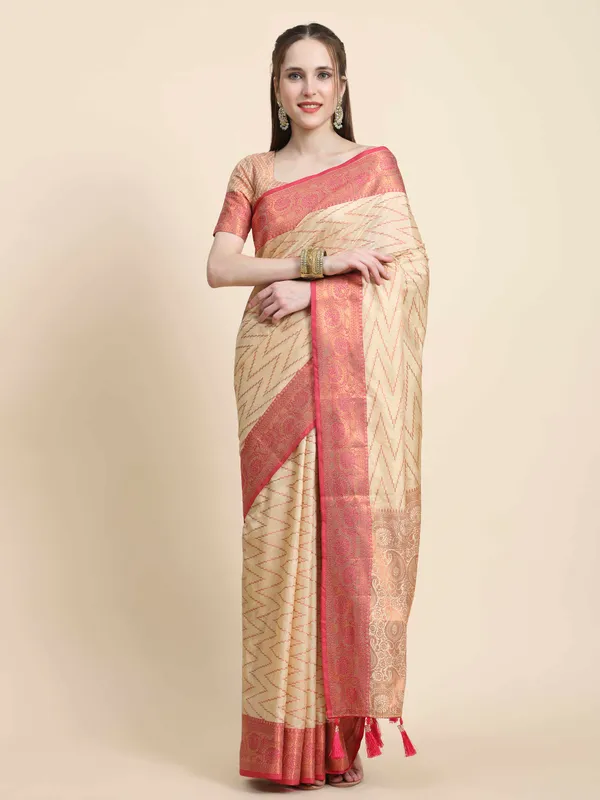 Cream_Katan_Silk_With_Zari_Weaving_Rich_Pallu_And_Contrast_Weaving_Small_Border_Saree