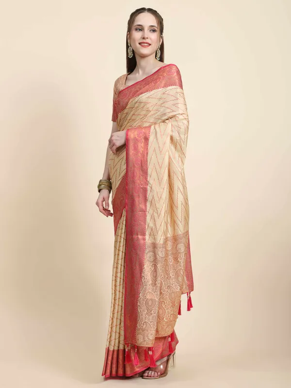 Cream_Katan_Silk_With_Zari_Weaving_Rich_Pallu_And_Contrast_Weaving_Small_Border_Saree