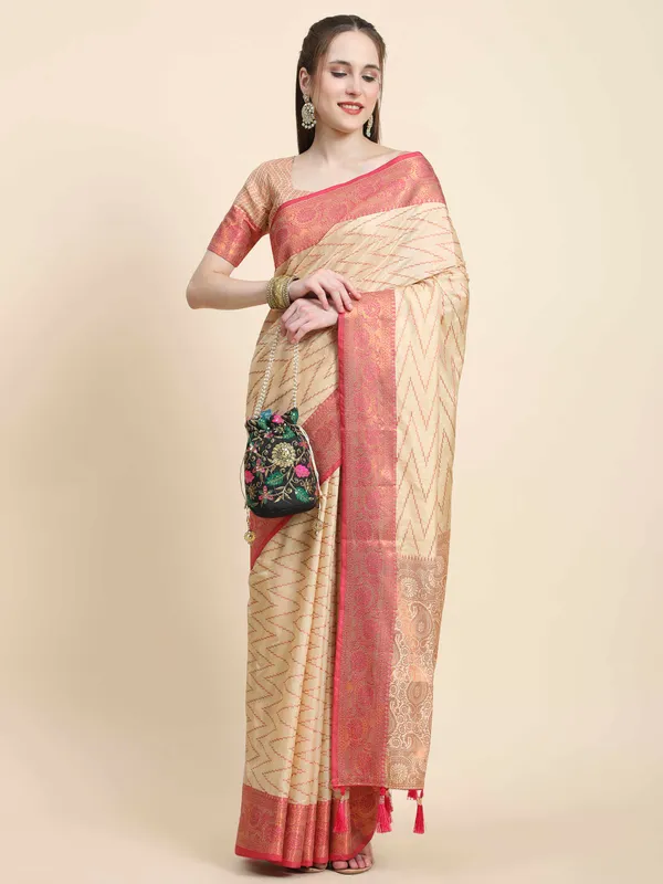Cream_Katan_Silk_With_Zari_Weaving_Rich_Pallu_And_Contrast_Weaving_Small_Border_Saree