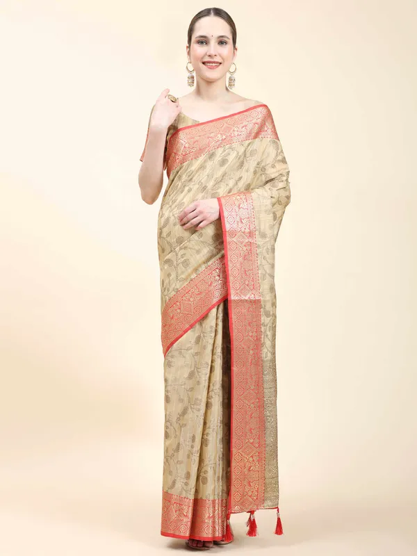 Beige_Katan_Silk_With_Zari_Weaving_Rich_Pallu_And_Contrast_Weaving_Small_Border_Saree