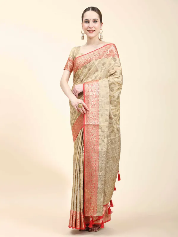 Beige_Katan_Silk_With_Zari_Weaving_Rich_Pallu_And_Contrast_Weaving_Small_Border_Saree