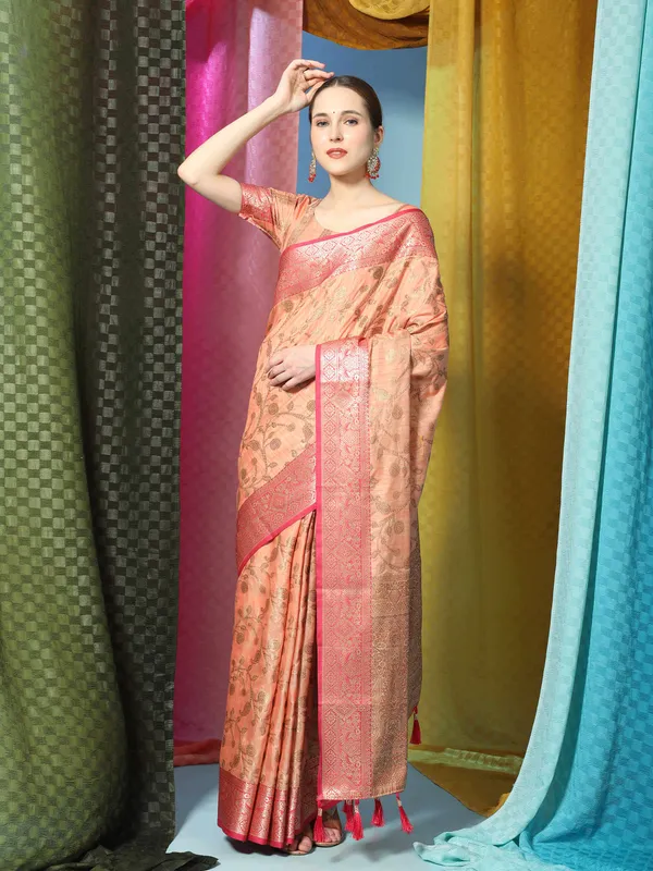Peach_Katan_Silk_With_Zari_Weaving_Rich_Pallu_And_Contrast_Weaving_Small_Border_Saree