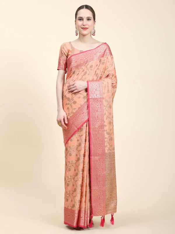 Peach_Katan_Silk_With_Zari_Weaving_Rich_Pallu_And_Contrast_Weaving_Small_Border_Saree