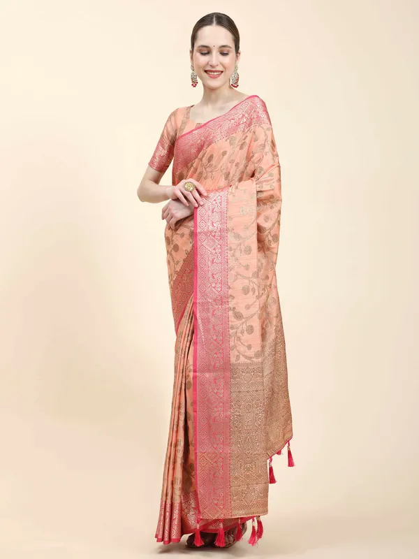 Peach_Katan_Silk_With_Zari_Weaving_Rich_Pallu_And_Contrast_Weaving_Small_Border_Saree