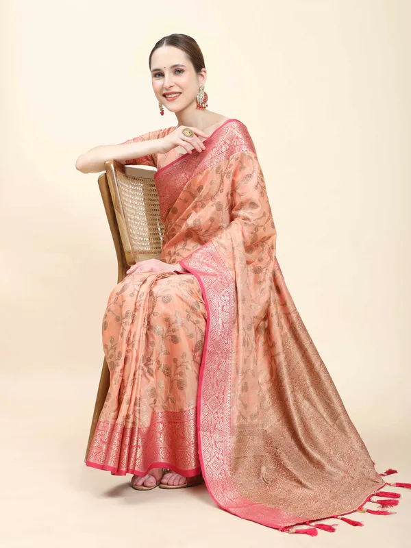 Peach_Katan_Silk_With_Zari_Weaving_Rich_Pallu_And_Contrast_Weaving_Small_Border_Saree