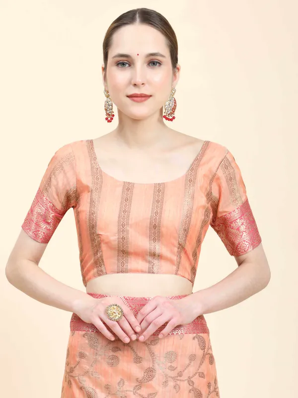 Peach_Katan_Silk_With_Zari_Weaving_Rich_Pallu_And_Contrast_Weaving_Small_Border_Saree