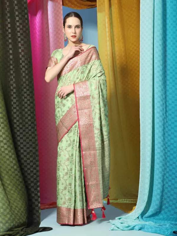 Pista_Katan_Silk_With_Zari_Weaving_Rich_Pallu_And_Contrast_Weaving_Small_Border_Saree