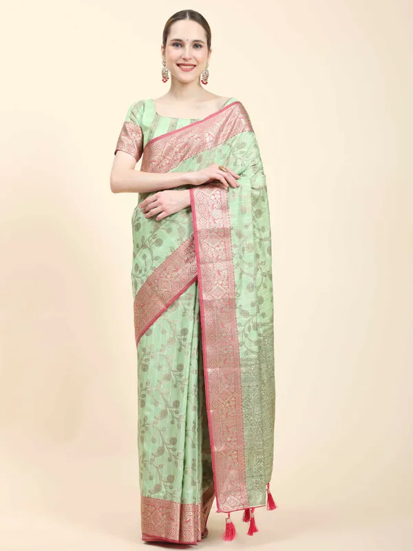Pista_Katan_Silk_With_Zari_Weaving_Rich_Pallu_And_Contrast_Weaving_Small_Border_Saree
