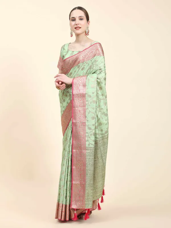 Pista_Katan_Silk_With_Zari_Weaving_Rich_Pallu_And_Contrast_Weaving_Small_Border_Saree