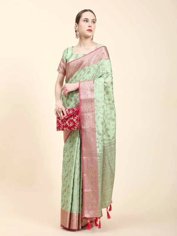 Pista_Katan_Silk_With_Zari_Weaving_Rich_Pallu_And_Contrast_Weaving_Small_Border_Saree