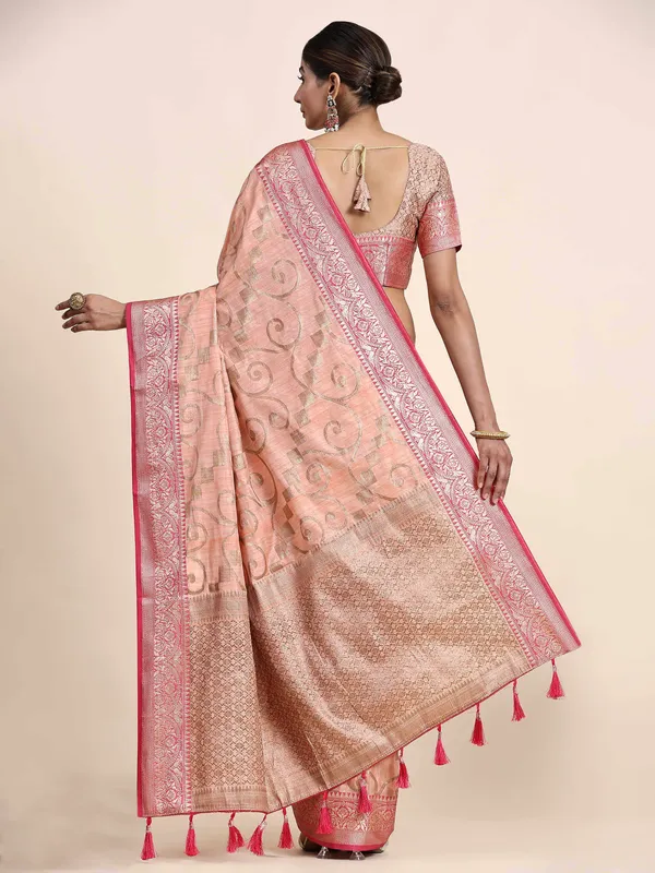 Peach_Katan_Silk_With_Zari_Weaving_Rich_Pallu_And_Contrast_Weaving_Small_Border_Saree