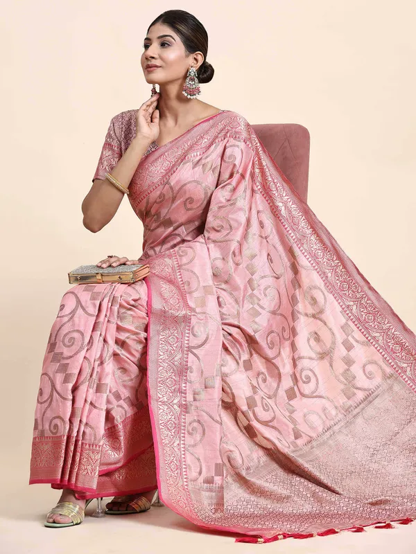 Pink_Katan_Silk_With_Zari_Weaving_Rich_Pallu_And_Contrast_Weaving_Small_Border_Saree