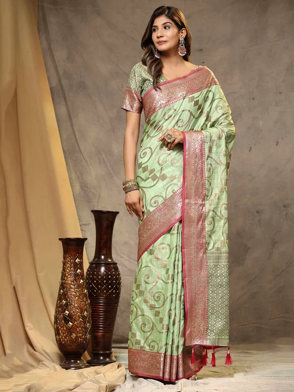Pista_Katan_Silk_With_Zari_Weaving_Rich_Pallu_And_Contrast_Weaving_Small_Border_Saree