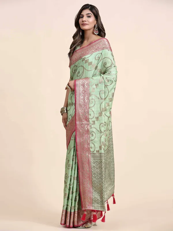 Pista_Katan_Silk_With_Zari_Weaving_Rich_Pallu_And_Contrast_Weaving_Small_Border_Saree