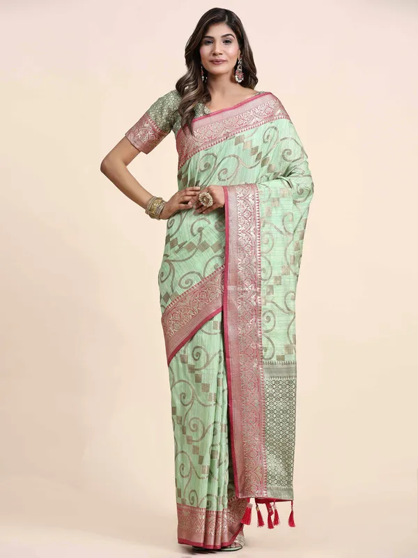 Pista_Katan_Silk_With_Zari_Weaving_Rich_Pallu_And_Contrast_Weaving_Small_Border_Saree