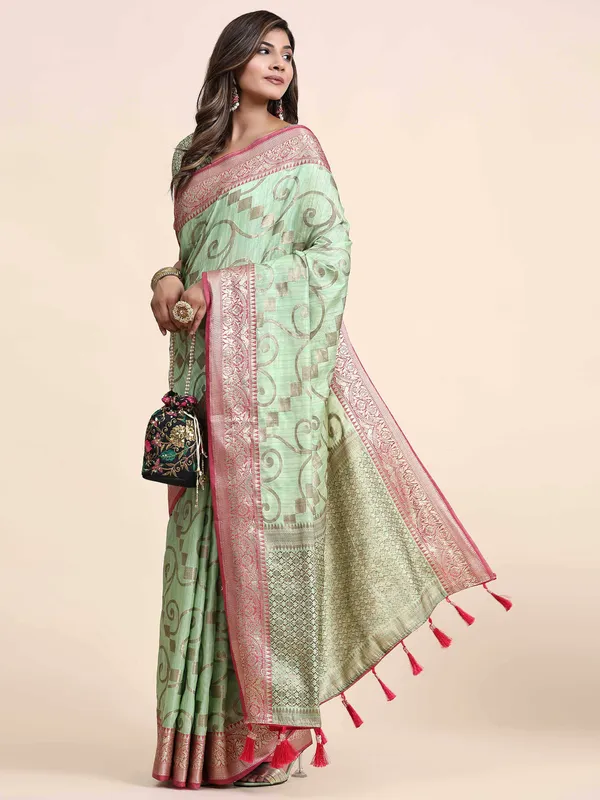 Pista_Katan_Silk_With_Zari_Weaving_Rich_Pallu_And_Contrast_Weaving_Small_Border_Saree