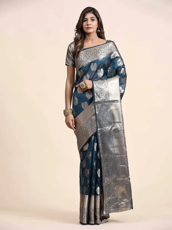 Blue_Organza_Silk_Fabric_With_Zari_Weaving_Rich_Pallu_And_Contrast_Meenakri_Weaving_Border_Saree