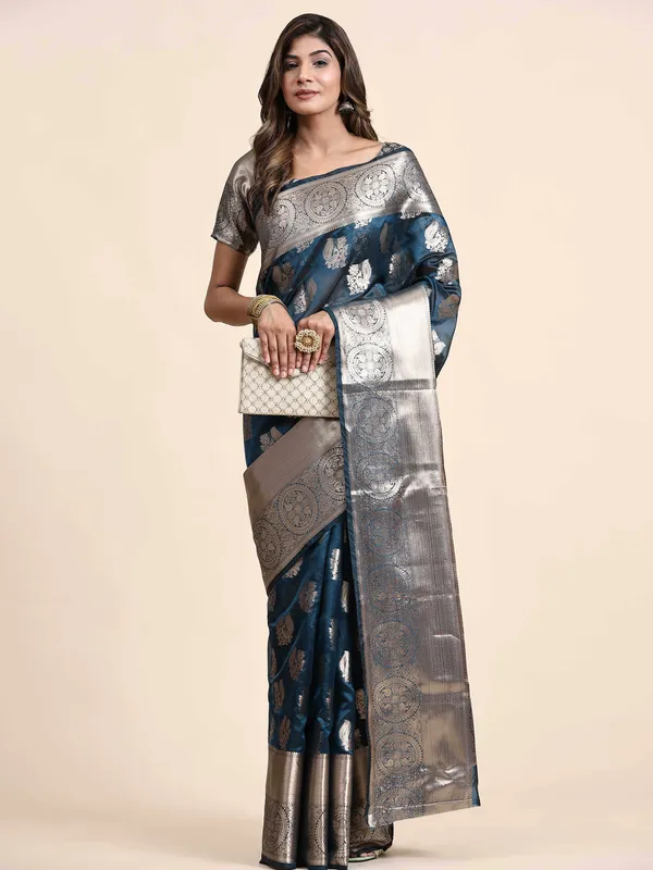 Blue_Organza_Silk_Fabric_With_Zari_Weaving_Rich_Pallu_And_Contrast_Meenakri_Weaving_Border_Saree