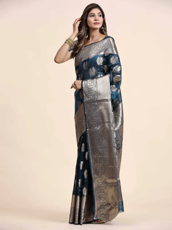 Blue_Organza_Silk_Fabric_With_Zari_Weaving_Rich_Pallu_And_Contrast_Meenakri_Weaving_Border_Saree