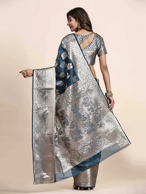 Blue_Organza_Silk_Fabric_With_Zari_Weaving_Rich_Pallu_And_Contrast_Meenakri_Weaving_Border_Saree