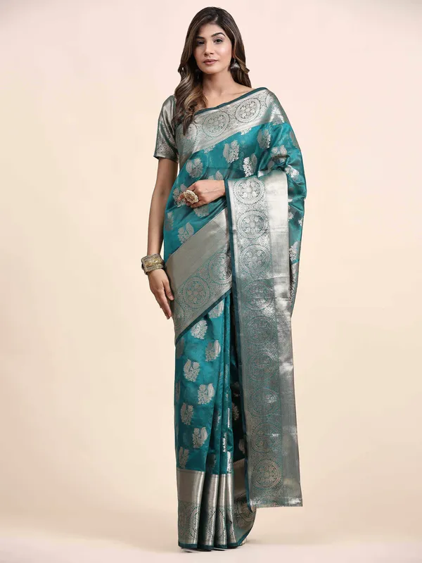 Sky_Blue_Organza_Silk_Fabric_With_Zari_Weaving_Rich_Pallu_And_Contrast_Meenakri_Weaving_Border_Saree