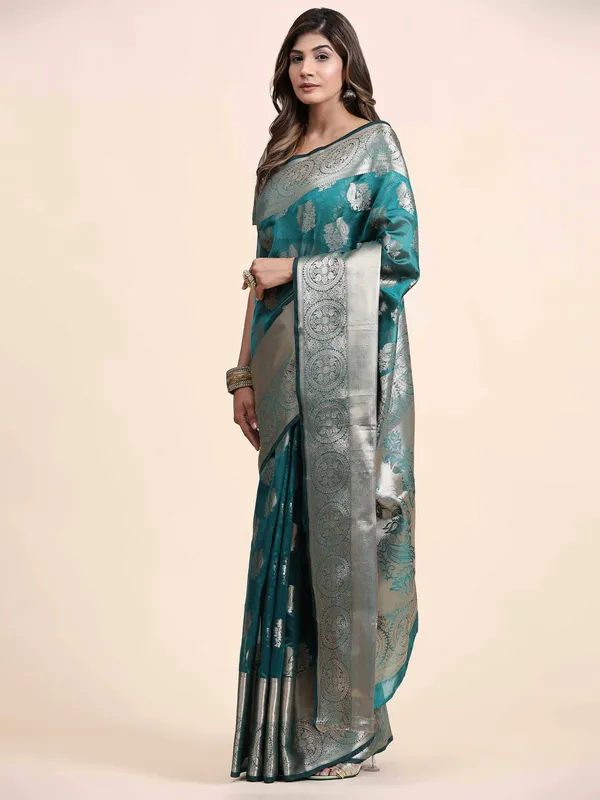 Sky_Blue_Organza_Silk_Fabric_With_Zari_Weaving_Rich_Pallu_And_Contrast_Meenakri_Weaving_Border_Saree