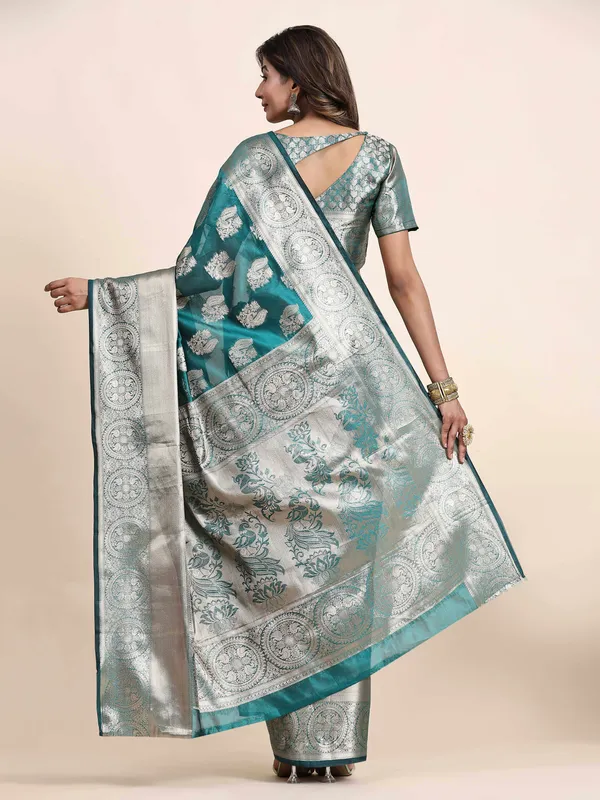 Sky_Blue_Organza_Silk_Fabric_With_Zari_Weaving_Rich_Pallu_And_Contrast_Meenakri_Weaving_Border_Saree