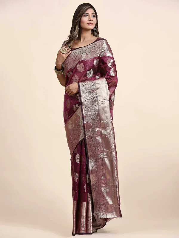 Maroon_Organza_Silk_Fabric_With_Zari_Weaving_Rich_Pallu_And_Contrast_Meenakri_Weaving_Border_Saree